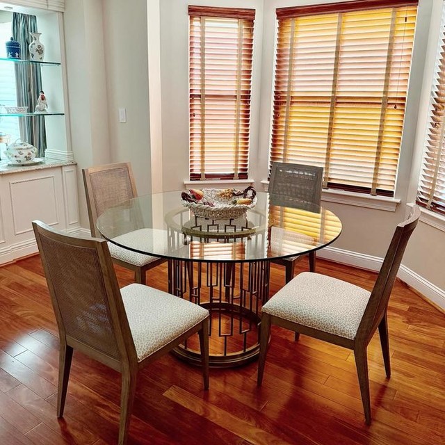 Teresa Glass-Top Round Dining Table: Metal Base Ethan Allen